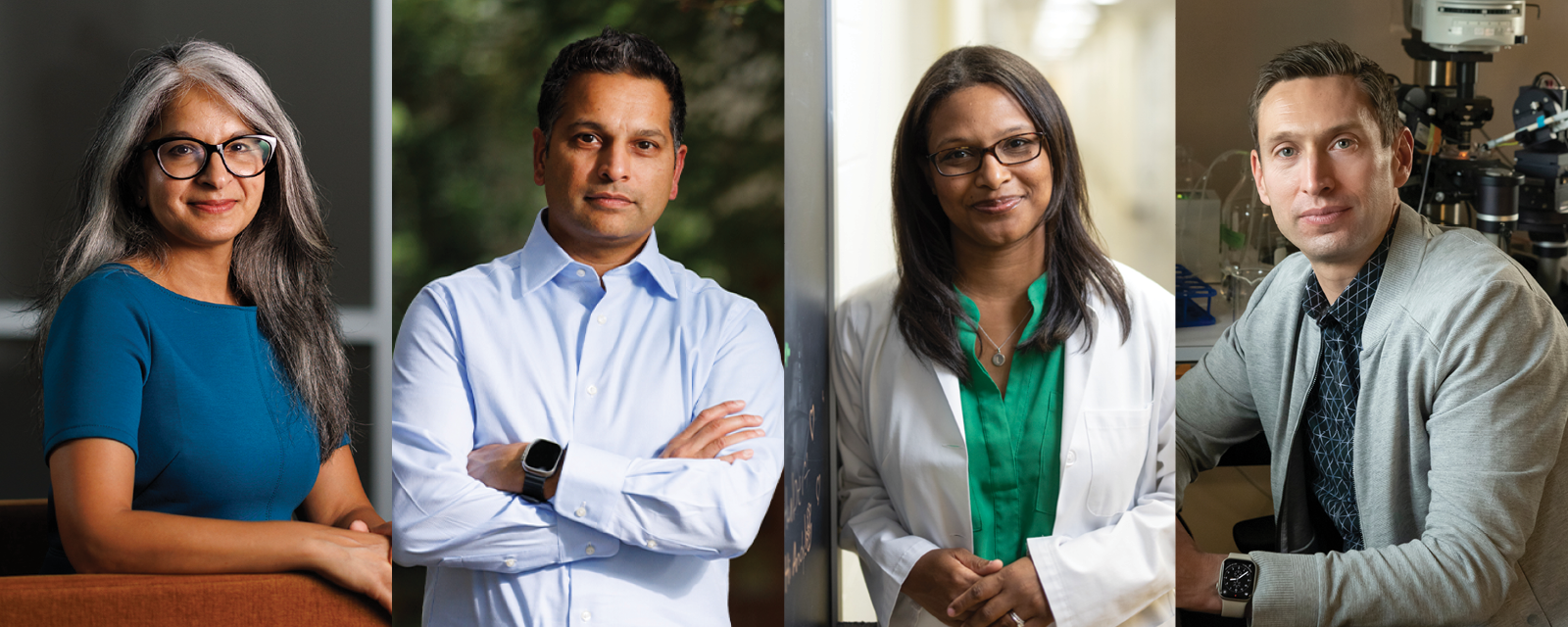Aditee Narayan, MD, Vice Dean for Education; Nrupen Bhavasar, PhD, Associate Professor of Surgery; Erica Washington, PhD, Assistant Research Professor of Molecular Genetics and Microbiology; Court Hull, PhD, Associate Professor of Neurobiology